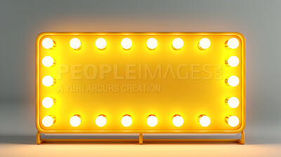 Lights, frame and empty sign on grey background for copy space announcement, invitation message or offer. Rectangle, advertising billboard for discount, sale, special surprise banner.