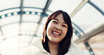 Bridge, happy and face of Japanese woman in city on commute, travel and journey in metro. Portrait, fashion and person with trendy clothes or casual style for adventure, holiday and vacation in town