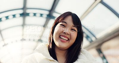 Bridge, happy and face of Japanese woman in city on commute, travel and journey in metro. Portrait, fashion and person with trendy clothes or casual style for adventure, holiday and vacation in town