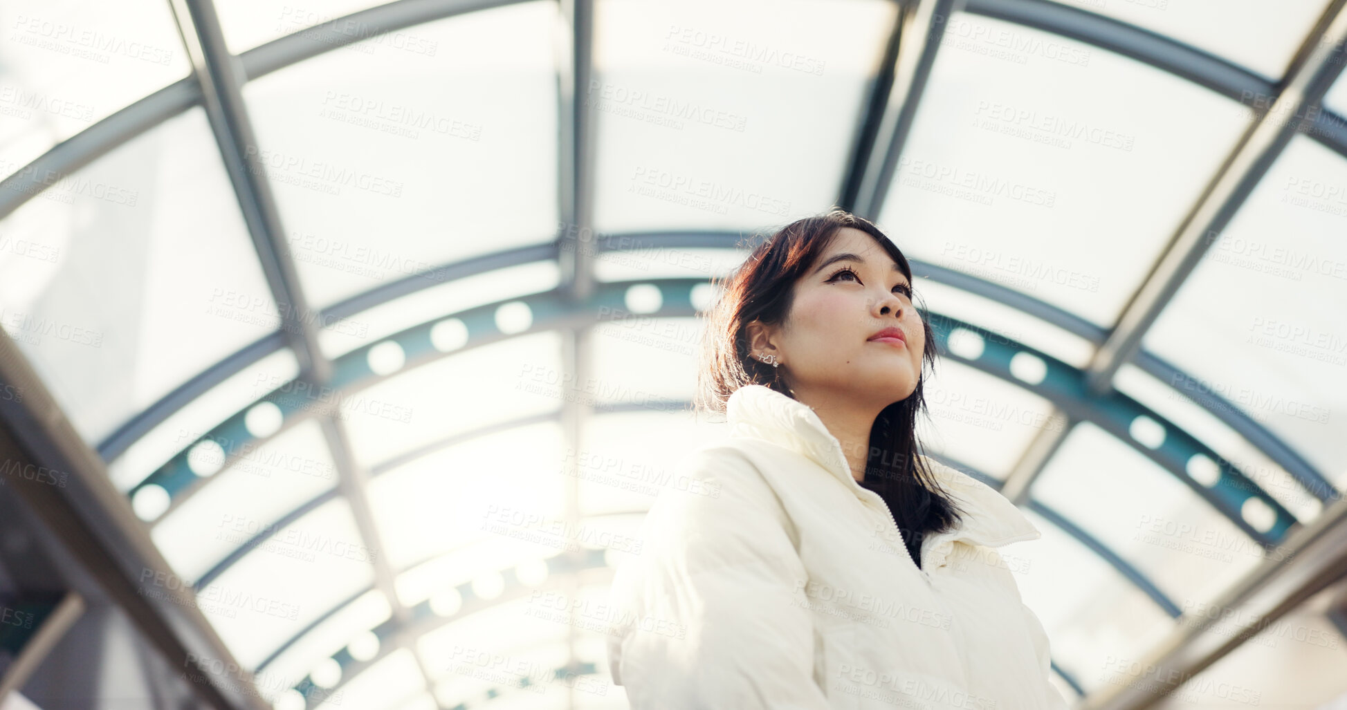 Buy stock photo Thinking, city and Japanese woman on bridge on commute, travel and journey in metro. Student, fashion and person with trendy clothes, backpack or bag for university, college and adventure in town