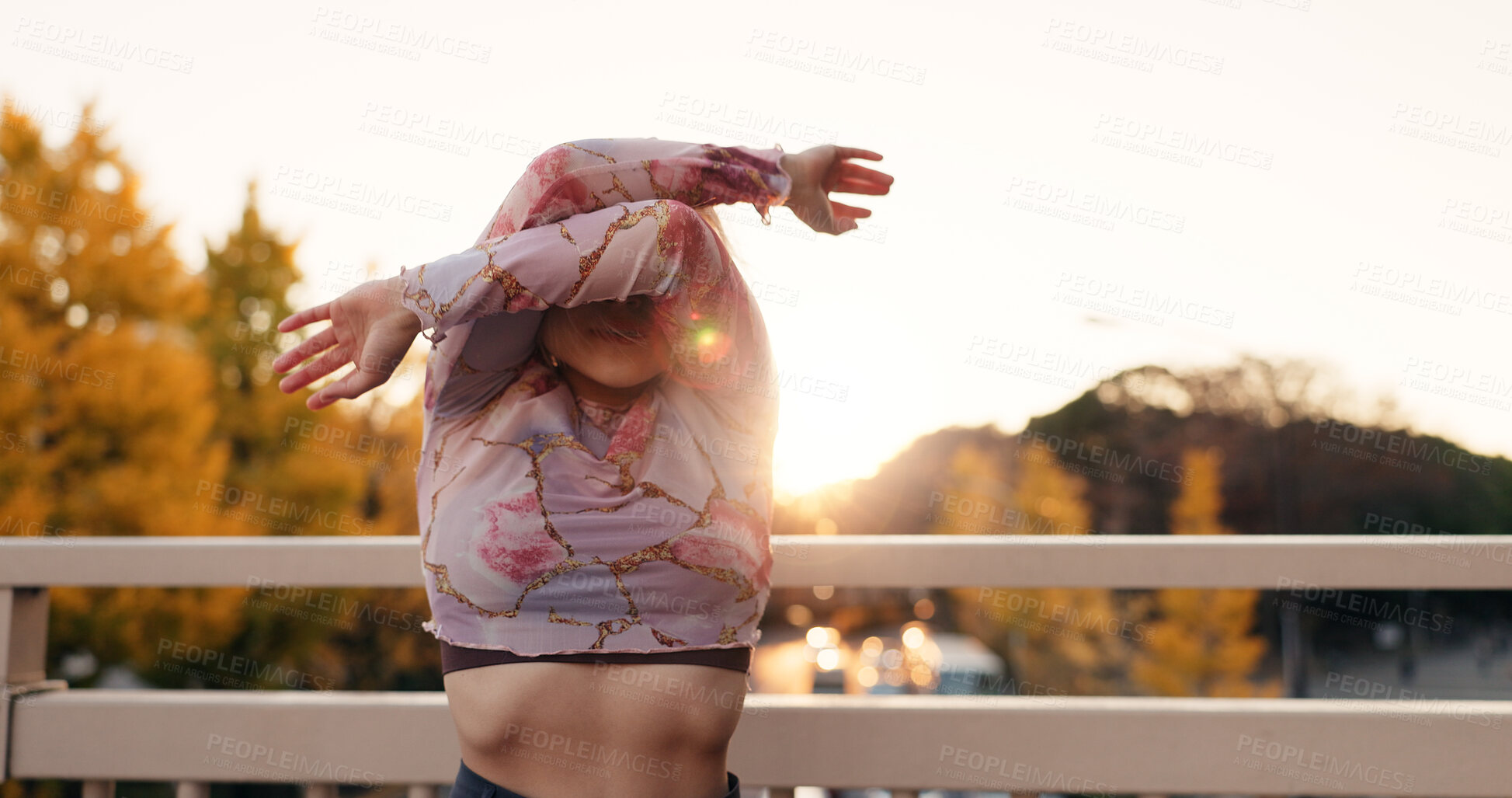 Buy stock photo Outdoor, dancing and woman with energy, culture and performance with training, routine and creative industry. Talent, contemporary dancer and girl with sunshine, movement and Japan with practice