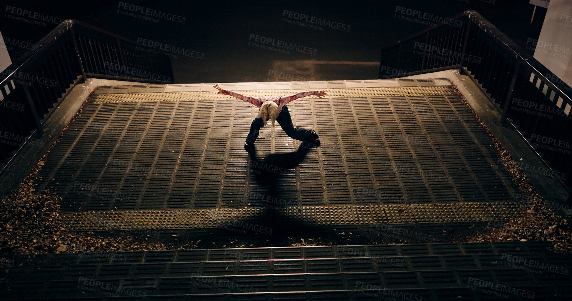 Buy stock photo Japanese woman, city and dancing on stairs, moving body and freedom for street performance in night. Girl, dancer or person with art, concert and steps with creativity, vision and balance in Tokyo