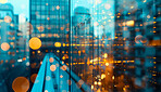 Abstract bokeh, building and blurred architecture background for design, finance and financial business center. Colorful, urban city and glow reflection mockup for investment, economy and wallpaper