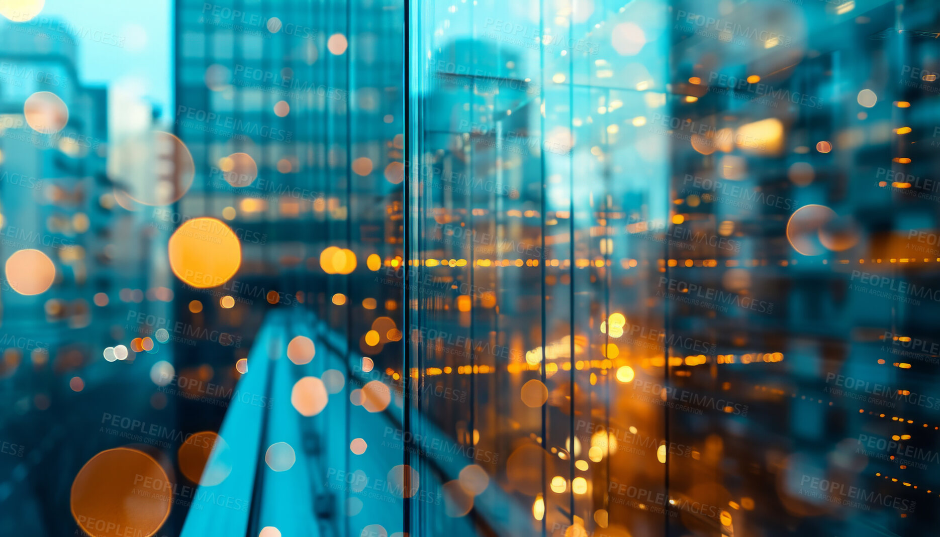 Buy stock photo Abstract bokeh, building and blurred architecture background for design, finance and financial business center. Colorful, urban city and glow reflection mockup for investment, economy and wallpaper