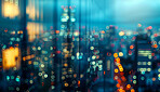 Abstract bokeh, building and blurred architecture background for design, finance and financial business center. Colorful, urban city and glow reflection mockup for investment, economy and wallpaper