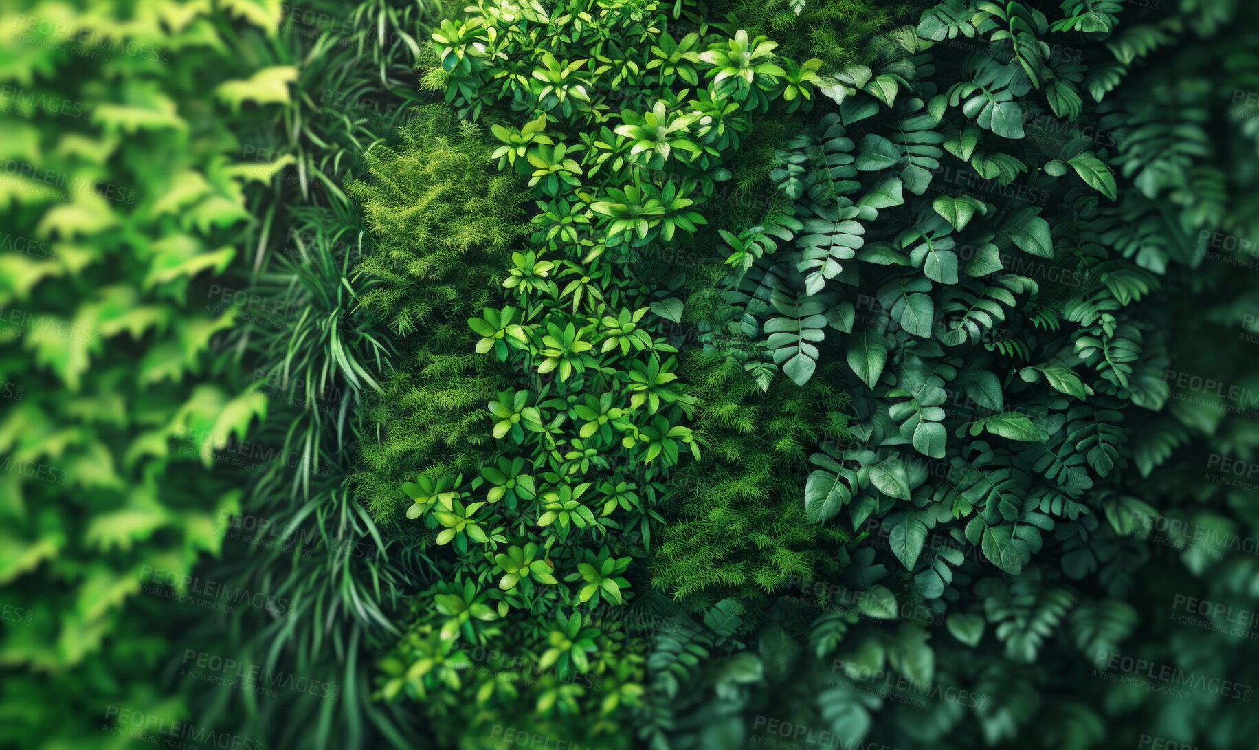 Buy stock photo Leaves, environment and sustainability mockup of plant wall for background, wallpaper and design. Green beauty, lush and natural backdrop with copyspace for ecology, eco friendly or carbon footprint