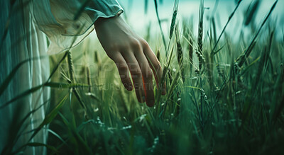 Hand, environment and sustainability mockup of person touching plant in field for background, wallpaper and design. Green beauty, lush and natural backdrop with copyspace for ecology and eco friendly