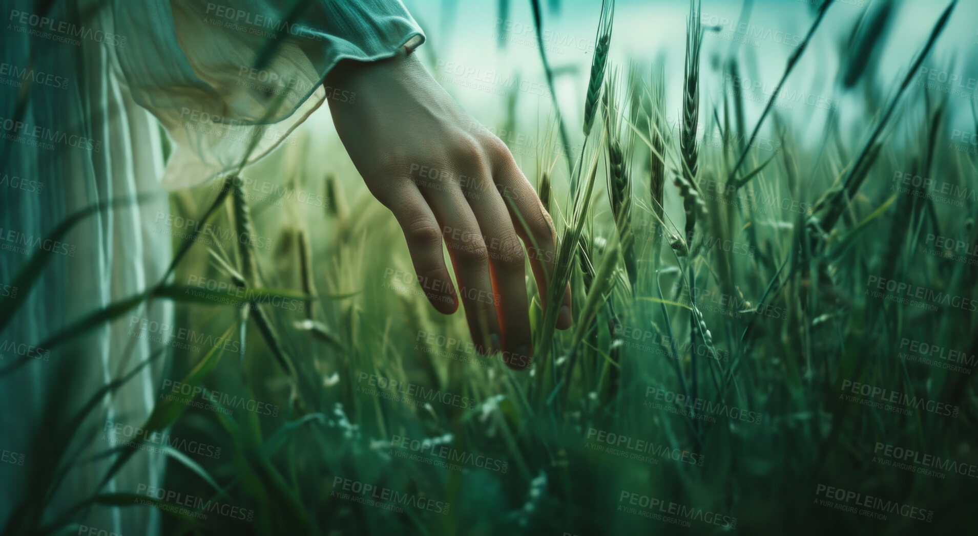Buy stock photo Hand, environment and sustainability mockup of person touching plant in field for background, wallpaper and design. Green beauty, lush and natural backdrop with copyspace for ecology and eco friendly