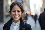 Portrait, street business and woman in the city for freelancer, commute and urban travel. Happy, confident and young female entrepreneur walking and smiling for exploration, leadership and corporate