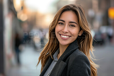 Portrait, street business and woman in the city for freelancer, commute and urban travel. Happy, confident and young female entrepreneur walking and smiling for exploration, leadership and corporate
