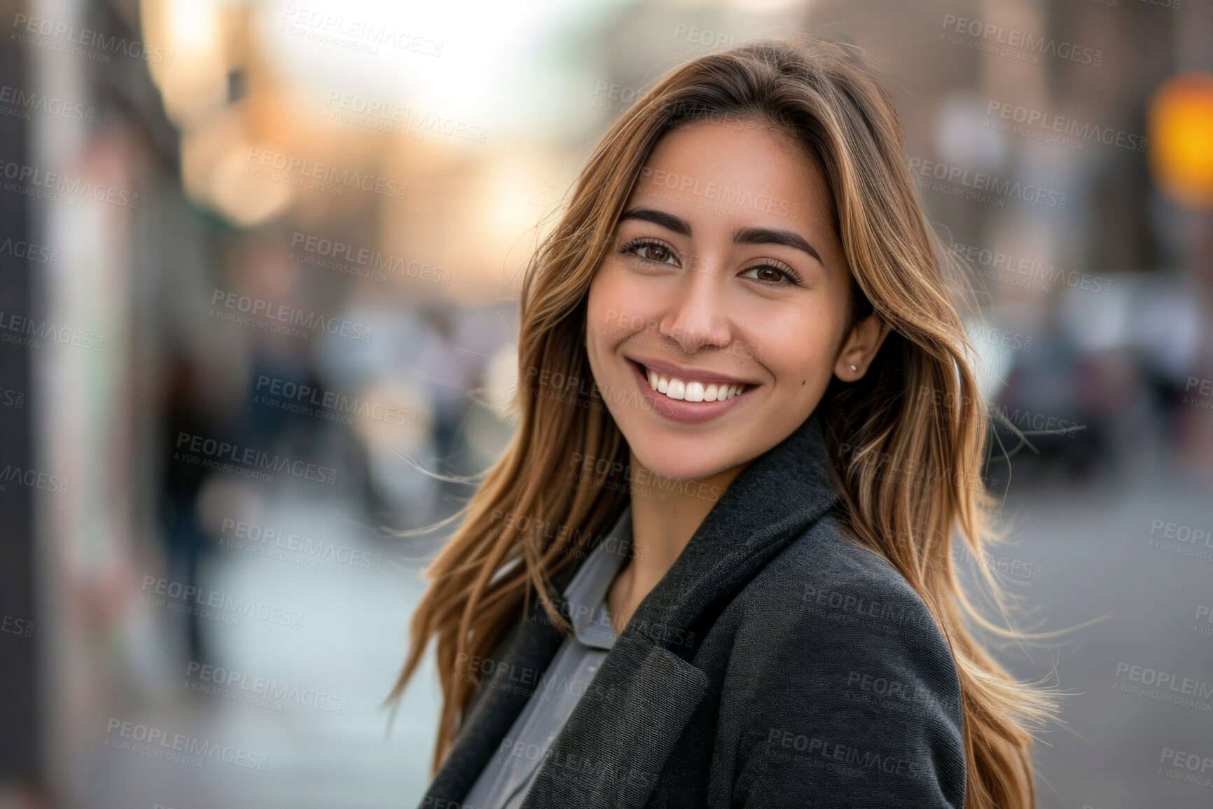 Buy stock photo Portrait, street business and woman in the city for freelancer, commute and urban travel. Happy, confident and young female entrepreneur walking and smiling for exploration, leadership and corporate