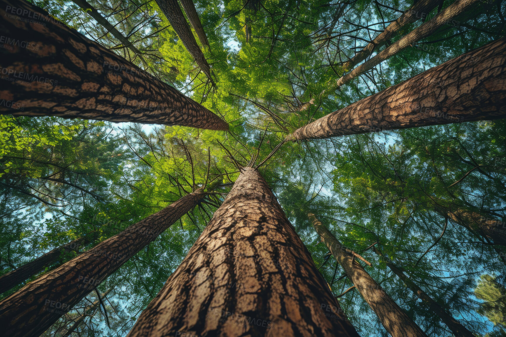 Buy stock photo Worm view, environment and sustainability mockup of trees for background, wallpaper and design. Green beauty, lush and morning light with copyspace for ecology, eco friendly and carbon footprint