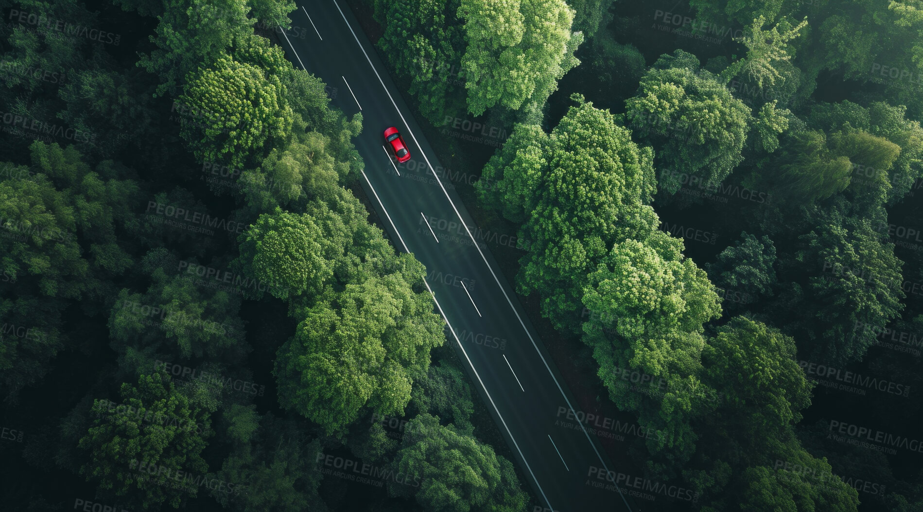 Buy stock photo Highway, road and drone view of a path through the forest for vacation, adventure and transportation. Clean, green and jungle landscape for environment, sustainability and ecology background