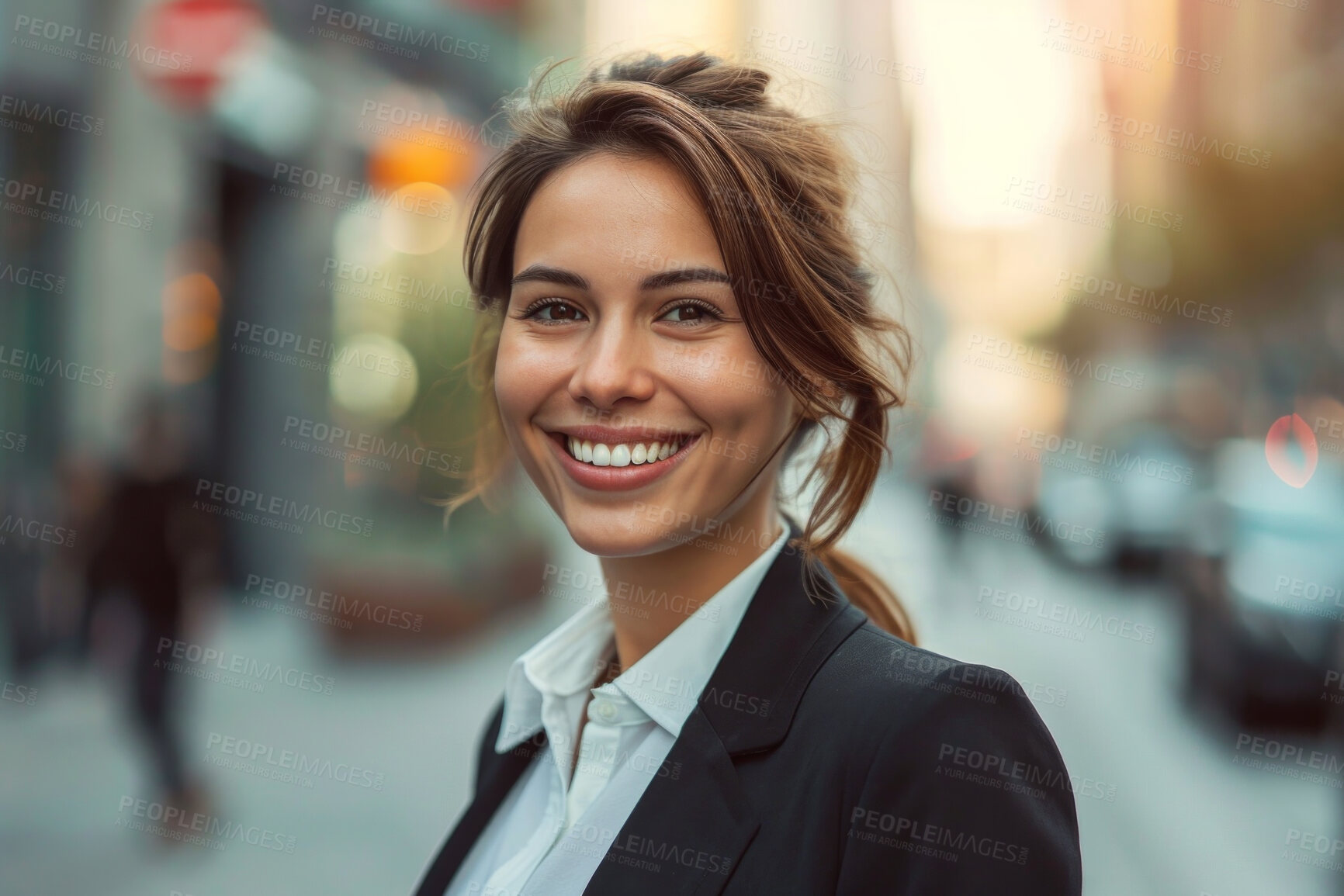 Buy stock photo Portrait, street business and woman in the city for freelancer, commute and urban travel. Happy, confident and young female entrepreneur walking and smiling for exploration, leadership and corporate