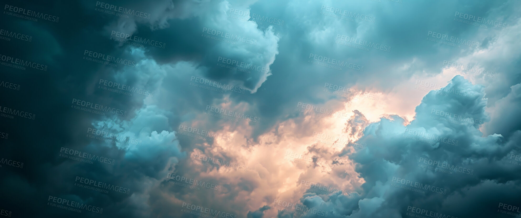 Buy stock photo Abstract, storm clouds and outdoor climate change background for environment, weather danger and disaster. Dark sky, rain and hurricane backdrop mockup for poster, news report or wallpaper design