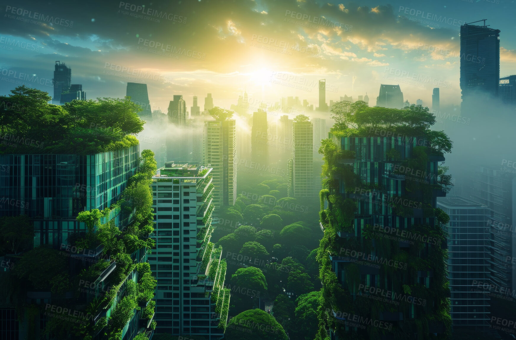 Buy stock photo Architecture, sustainability or construction with apartment and business buildings city for carbon footprint, environment and futuristic. Green, glass and eco friendly with town for ecology and plant