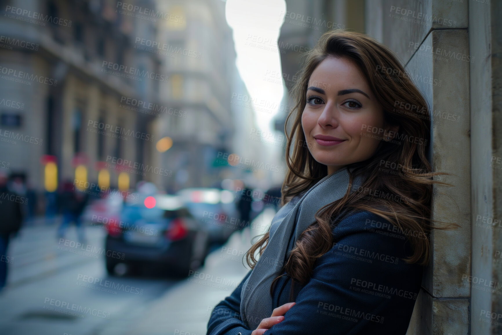 Buy stock photo Portrait, street business and woman in the city for freelancer, commute and urban travel. Happy, confident and young female entrepreneur walking and smiling for exploration, leadership and corporate