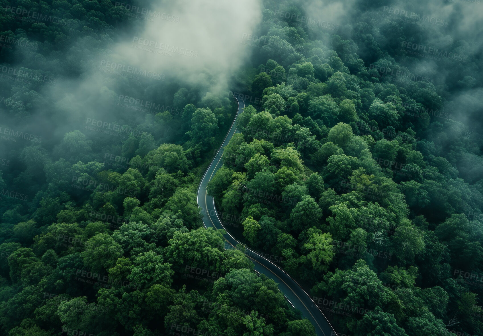 Buy stock photo Highway, road and drone view of a path through the forest for vacation, adventure and transportation. Clean, green and jungle landscape for environment, sustainability and ecology background
