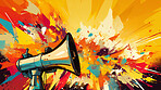 Megaphone, vibrant art and freedom of expression. Colorful, dynamic and energetic communication through art for liberty, creativity and social change. Inspiring visual message for a diverse audience.