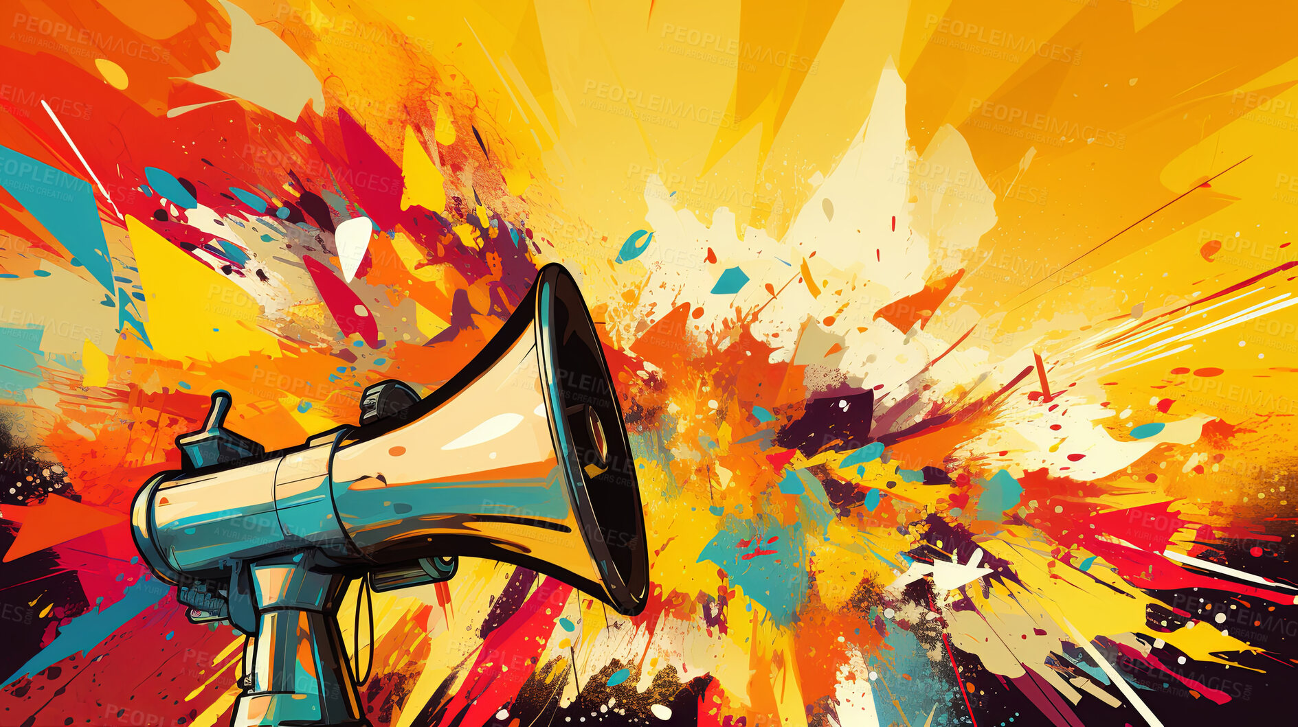 Buy stock photo Megaphone, vibrant art and freedom of expression. Colorful, dynamic and energetic communication through art for liberty, creativity and social change. Inspiring visual message for a diverse audience.