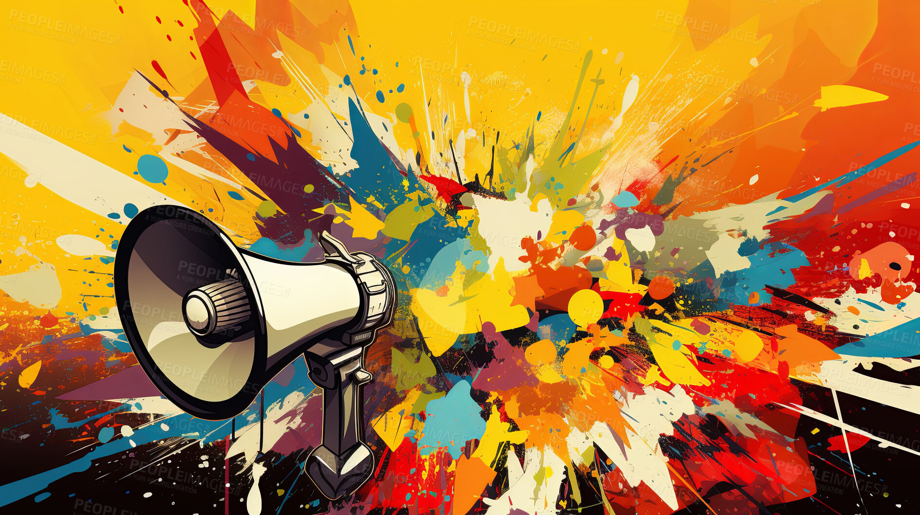 Buy stock photo Megaphone, vibrant art and freedom of expression. Colorful, dynamic and energetic communication through art for liberty, creativity and social change. Inspiring visual message for a diverse audience.