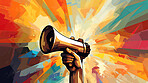 Megaphone, vibrant art and freedom of expression. Colorful, dynamic and energetic communication through art for liberty, creativity and social change. Inspiring visual message for a diverse audience.