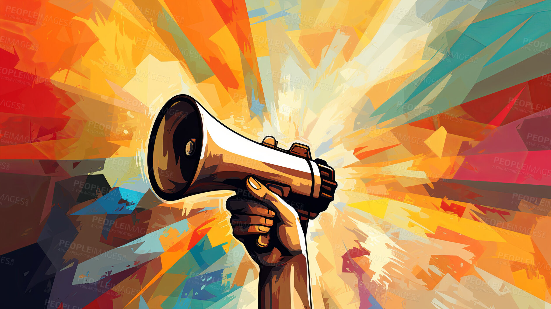 Buy stock photo Megaphone, vibrant art and freedom of expression. Colorful, dynamic and energetic communication through art for liberty, creativity and social change. Inspiring visual message for a diverse audience.