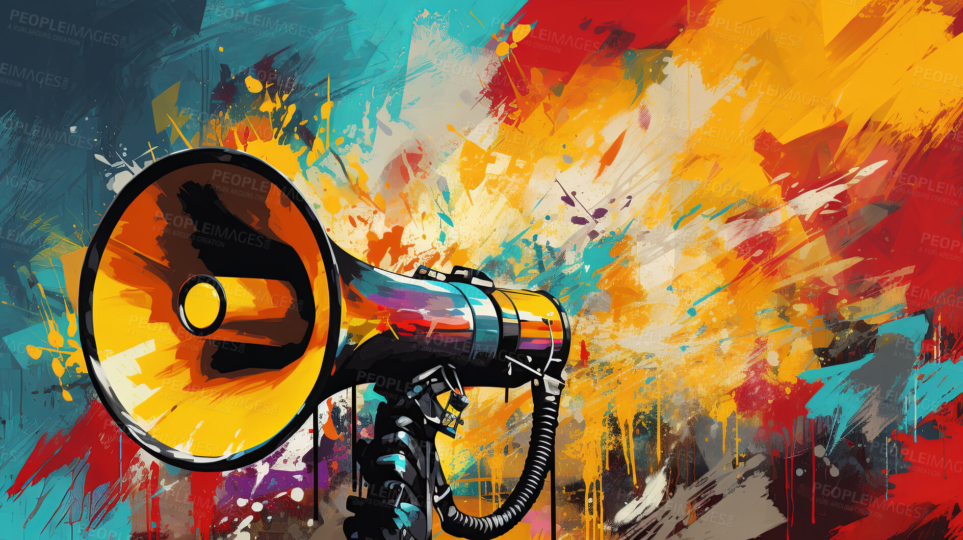 Buy stock photo Megaphone, vibrant art and freedom of expression. Colorful, dynamic and energetic communication through art for liberty, creativity and social change. Inspiring visual message for a diverse audience.