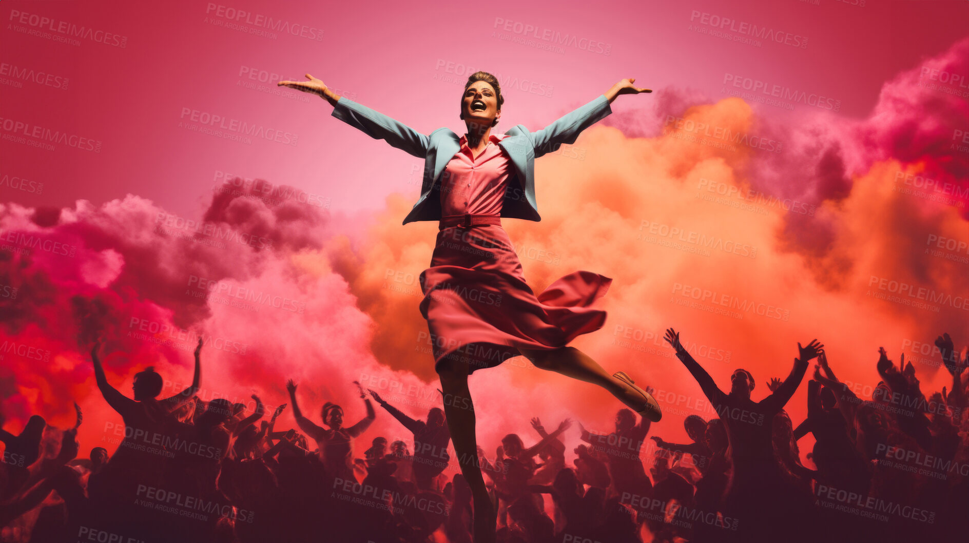 Buy stock photo Woman, pink dress and joy under pink clouds. Elegant, radiant and blissful lady showing happiness, positivity and celebration. Joyful moment in a dreamy, pink atmosphere.