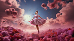 Woman, pink dress and joy under pink clouds. Elegant, radiant and blissful lady showing happiness, positivity and celebration. Joyful moment in a dreamy, pink atmosphere.