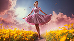 Woman, pink dress and joy under pink clouds. Elegant, radiant and blissful lady showing happiness, positivity and celebration. Joyful moment in a dreamy, pink atmosphere.