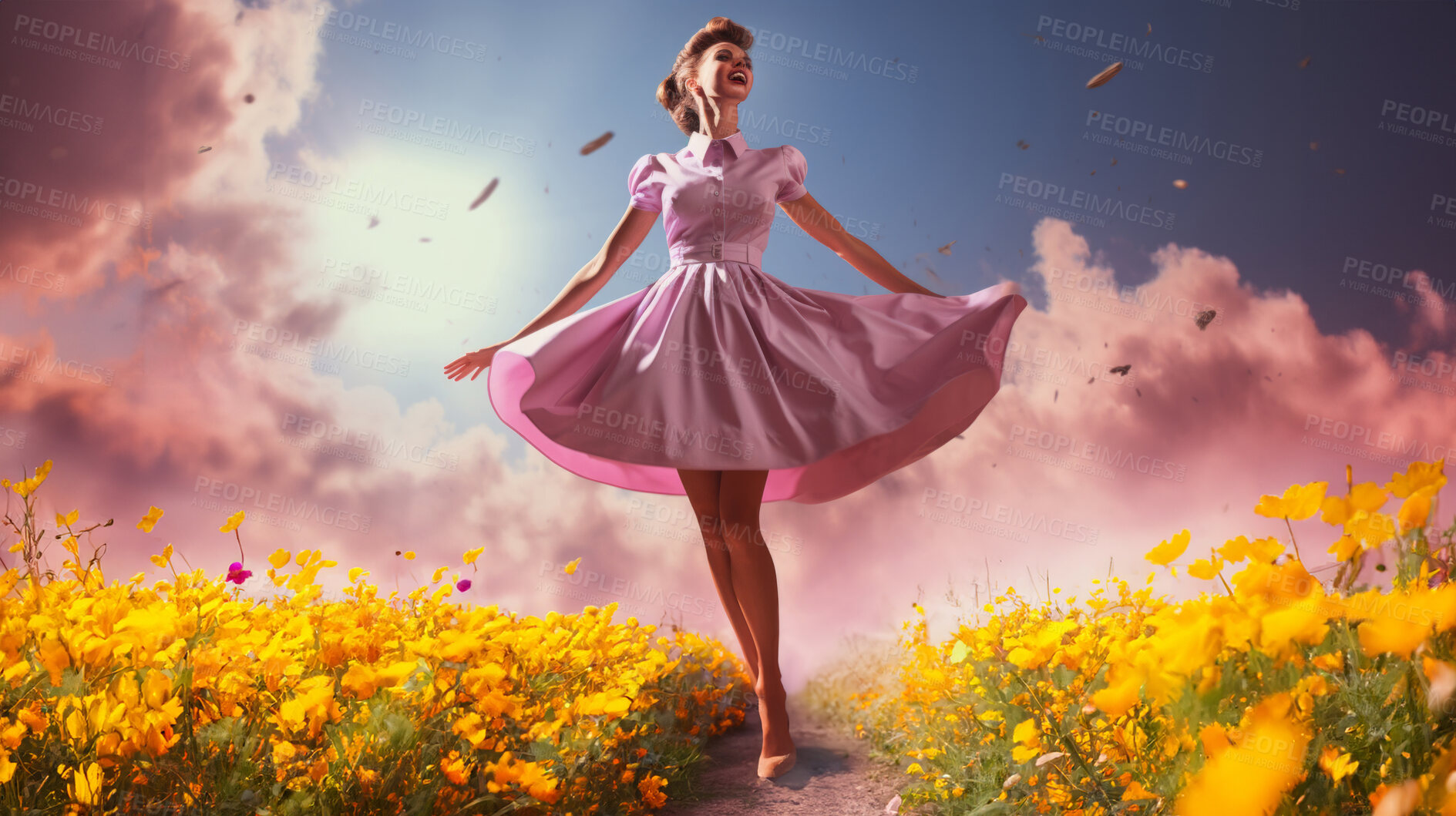 Buy stock photo Woman, pink dress and joy under pink clouds. Elegant, radiant and blissful lady showing happiness, positivity and celebration. Joyful moment in a dreamy, pink atmosphere.