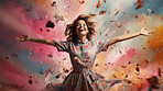 Happy woman, vibrant confetti and colorful joy. Joyful, lively and radiant lady in a spectrum of colors, symbolizing celebration, happiness and dynamic energy. A vibrant moment of pure delight.