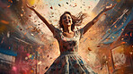 Happy woman, vibrant confetti and colorful joy. Joyful, lively and radiant lady in a spectrum of colors, symbolizing celebration, happiness and dynamic energy. A vibrant moment of pure delight.