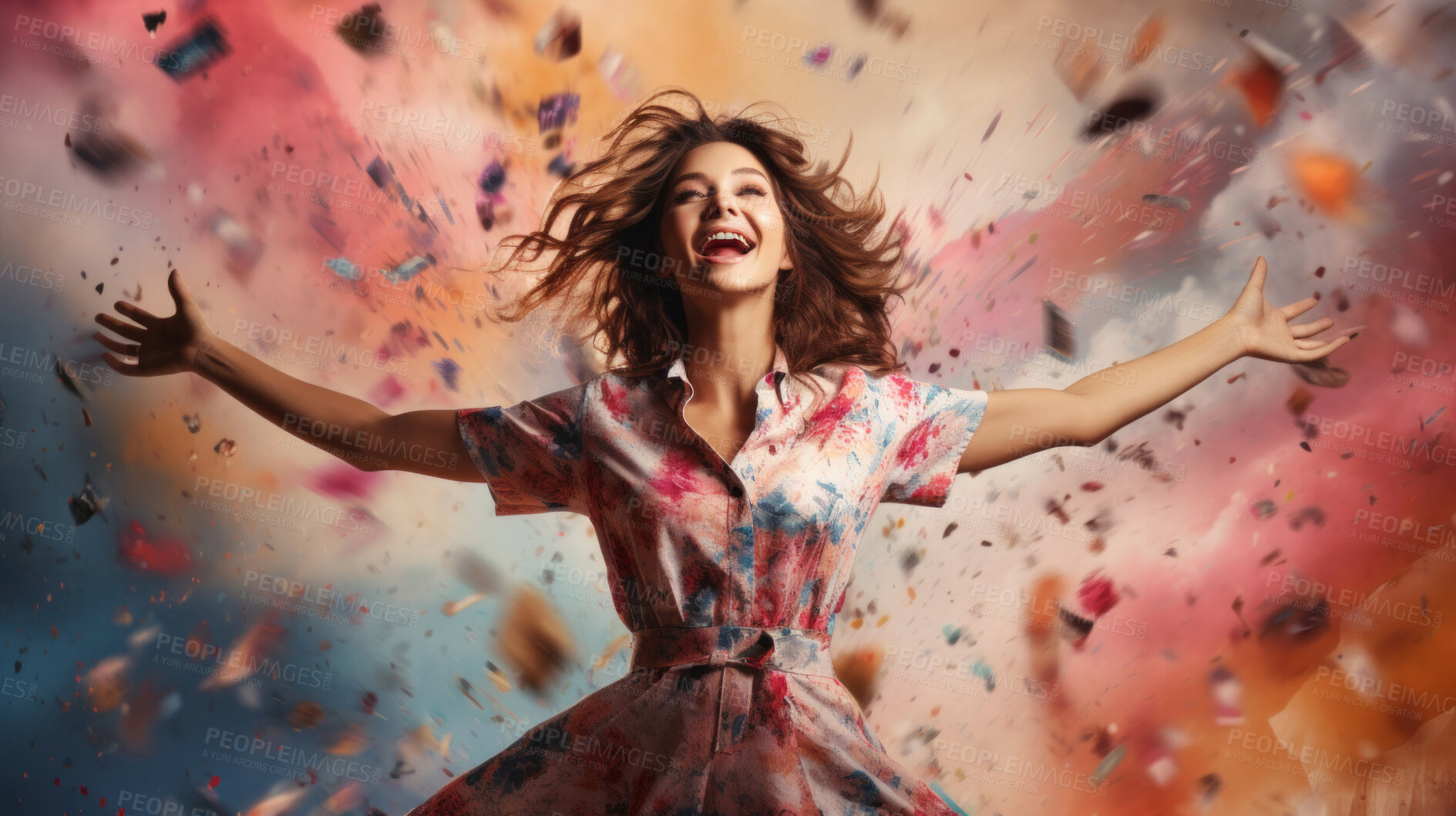 Buy stock photo Happy woman, vibrant confetti and colorful joy. Joyful, lively and radiant lady in a spectrum of colors, symbolizing celebration, happiness and dynamic energy. A vibrant moment of pure delight.