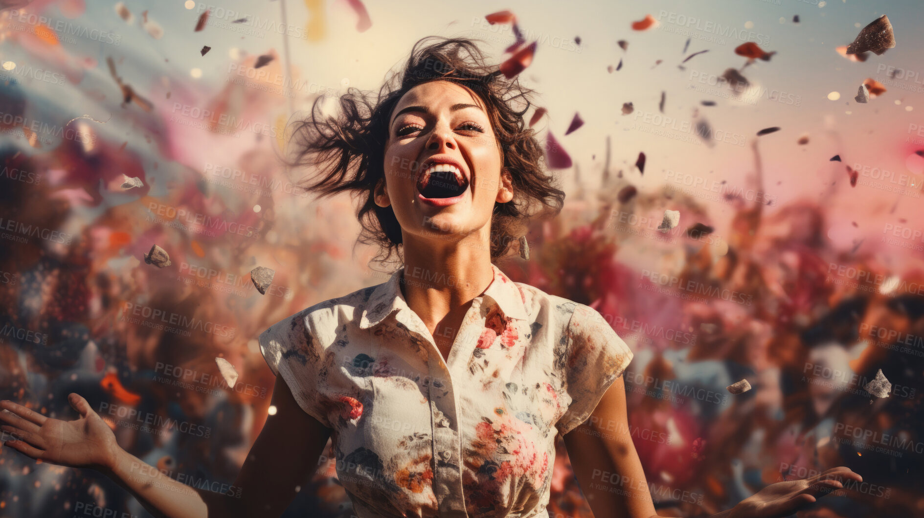 Buy stock photo Happy woman, vibrant confetti and colorful joy. Joyful, lively and radiant lady in a spectrum of colors, symbolizing celebration, happiness and dynamic energy. A vibrant moment of pure delight.