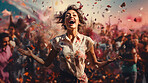 Happy woman, vibrant confetti and colorful joy. Joyful, lively and radiant lady in a spectrum of colors, symbolizing celebration, happiness and dynamic energy. A vibrant moment of pure delight.