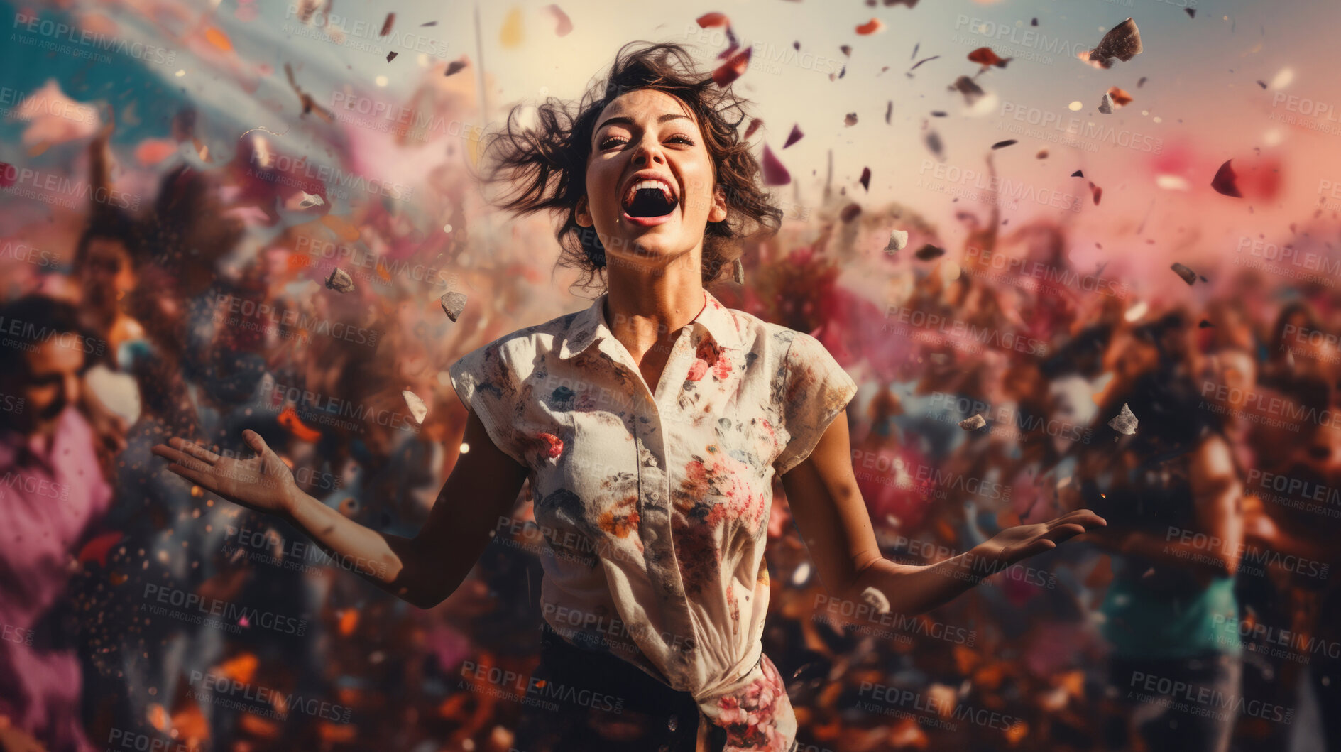 Buy stock photo Happy woman, vibrant confetti and colorful joy. Joyful, lively and radiant lady in a spectrum of colors, symbolizing celebration, happiness and dynamic energy. A vibrant moment of pure delight.