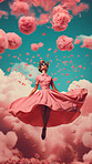 Woman, pink dress and joy under pink clouds. Elegant, radiant and blissful lady showing happiness, positivity and celebration. Joyful moment in a dreamy, pink atmosphere.