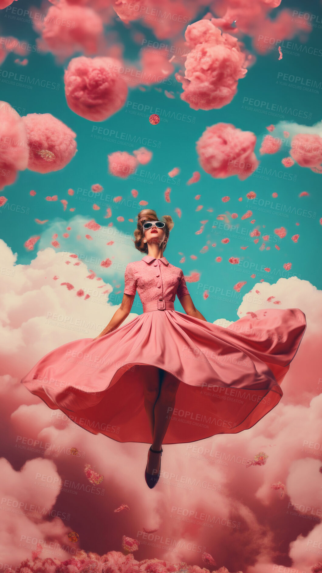 Buy stock photo Woman, pink dress and joy under pink clouds. Elegant, radiant and blissful lady showing happiness, positivity and celebration. Joyful moment in a dreamy, pink atmosphere.