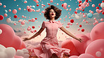 Woman, pink dress and joy under pink clouds. Elegant, radiant and blissful lady showing happiness, positivity and celebration. Joyful moment in a dreamy, pink atmosphere.