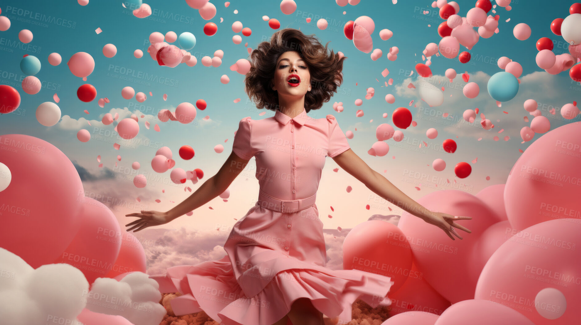 Buy stock photo Woman, pink dress and joy under pink clouds. Elegant, radiant and blissful lady showing happiness, positivity and celebration. Joyful moment in a dreamy, pink atmosphere.