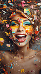 Happy woman, vibrant confetti and colorful joy. Joyful, lively and radiant lady in a spectrum of colors, symbolizing celebration, happiness and dynamic energy. A vibrant moment of pure delight.