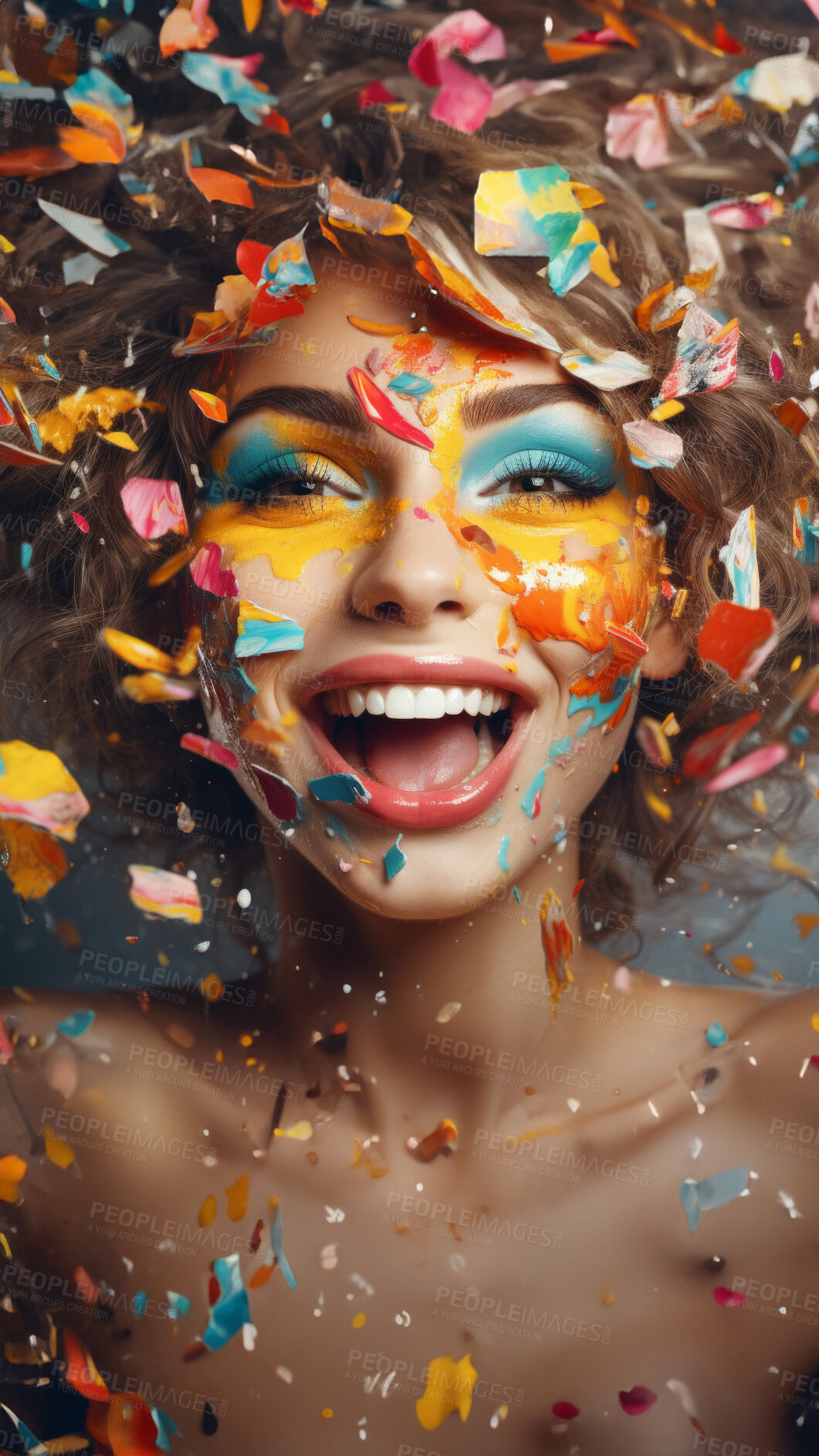 Buy stock photo Happy woman, vibrant confetti and colorful joy. Joyful, lively and radiant lady in a spectrum of colors, symbolizing celebration, happiness and dynamic energy. A vibrant moment of pure delight.