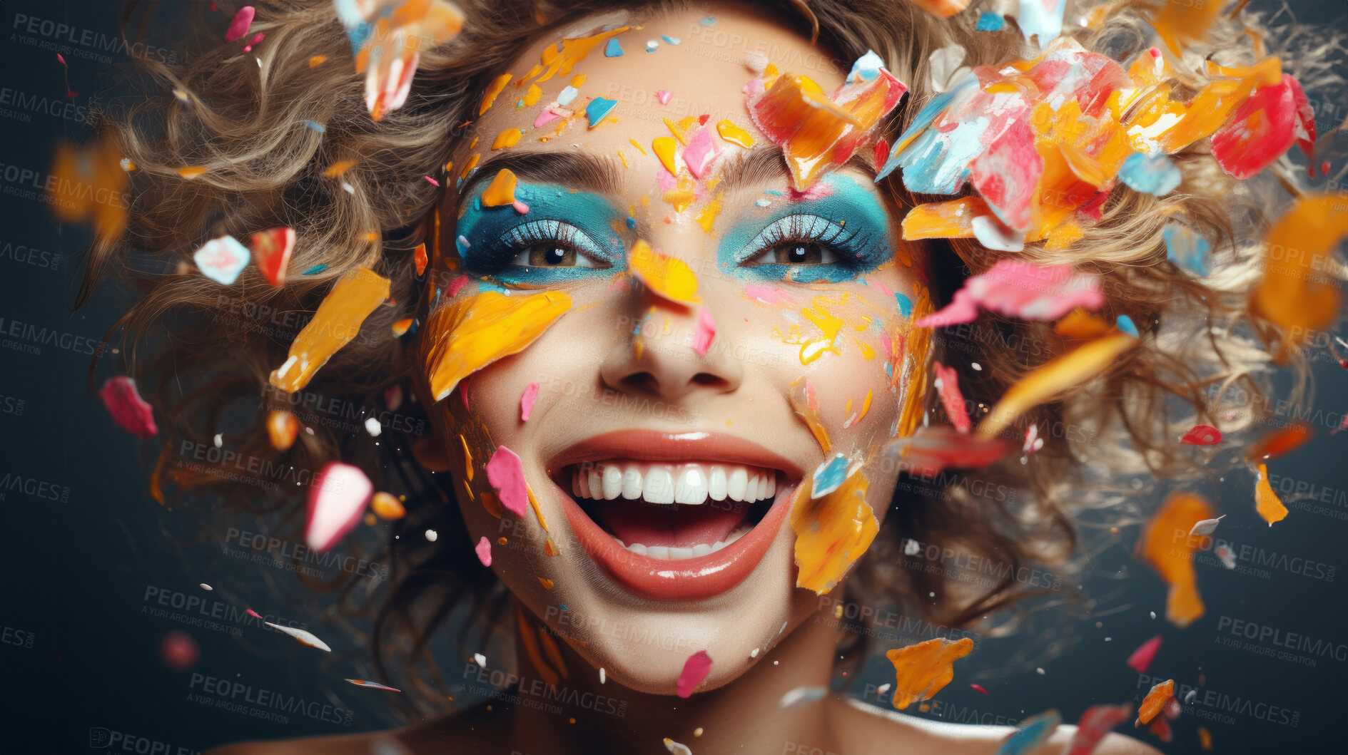 Buy stock photo Happy woman, vibrant confetti and colorful joy. Joyful, lively and radiant lady in a spectrum of colors, symbolizing celebration, happiness and dynamic energy. A vibrant moment of pure delight.