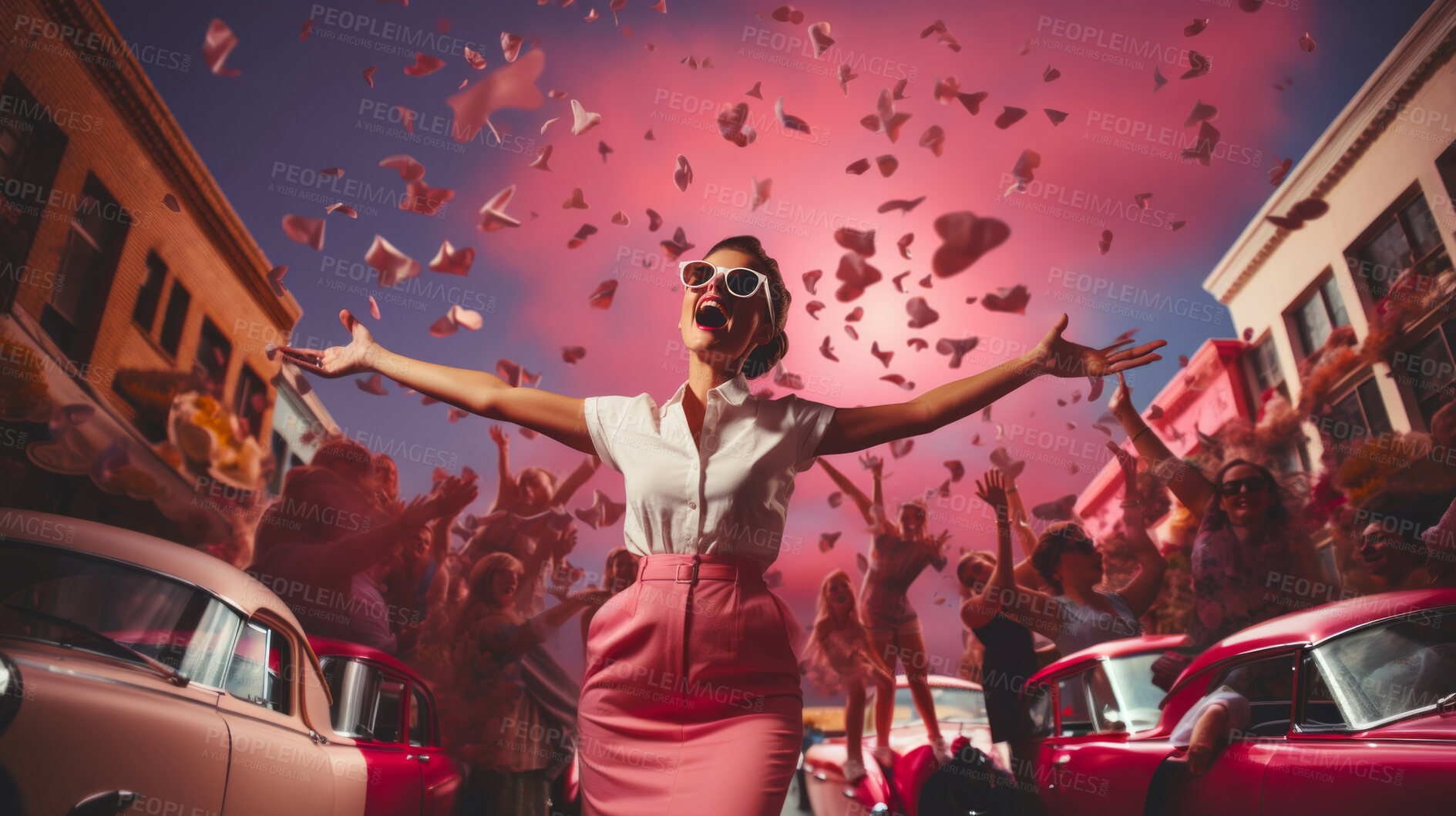 Buy stock photo Woman, pink dress and joy under pink clouds. Elegant, radiant and blissful lady showing happiness, positivity and celebration. Joyful moment in a dreamy, pink atmosphere.