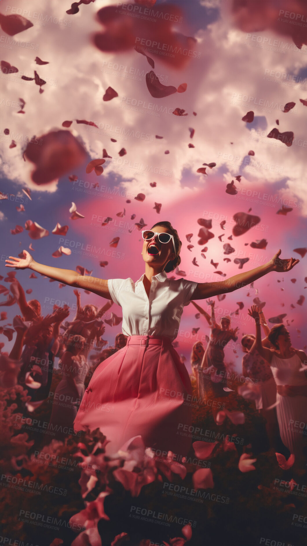 Buy stock photo Woman, pink dress and joy under pink clouds. Elegant, radiant and blissful lady showing happiness, positivity and celebration. Joyful moment in a dreamy, pink atmosphere.