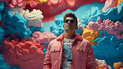 Buy stock photo Man, sunglasses and vibrant clouds backdrop. Cool, stylish and confident individual sporting shades, with a colorful cloud-filled background evoking a sense of relaxation, trendiness and carefree vibes.