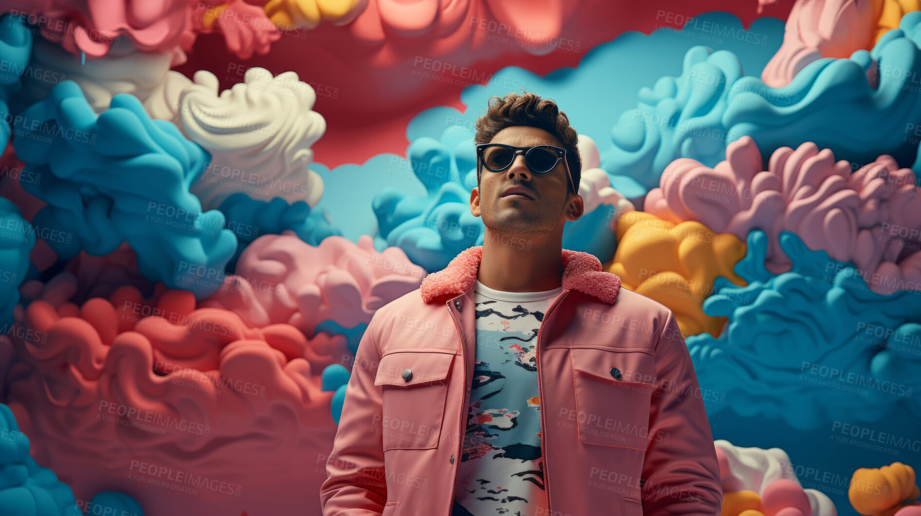 Buy stock photo Man, sunglasses and vibrant clouds backdrop. Cool, stylish and confident individual sporting shades, with a colorful cloud-filled background evoking a sense of relaxation, trendiness and carefree vibes.