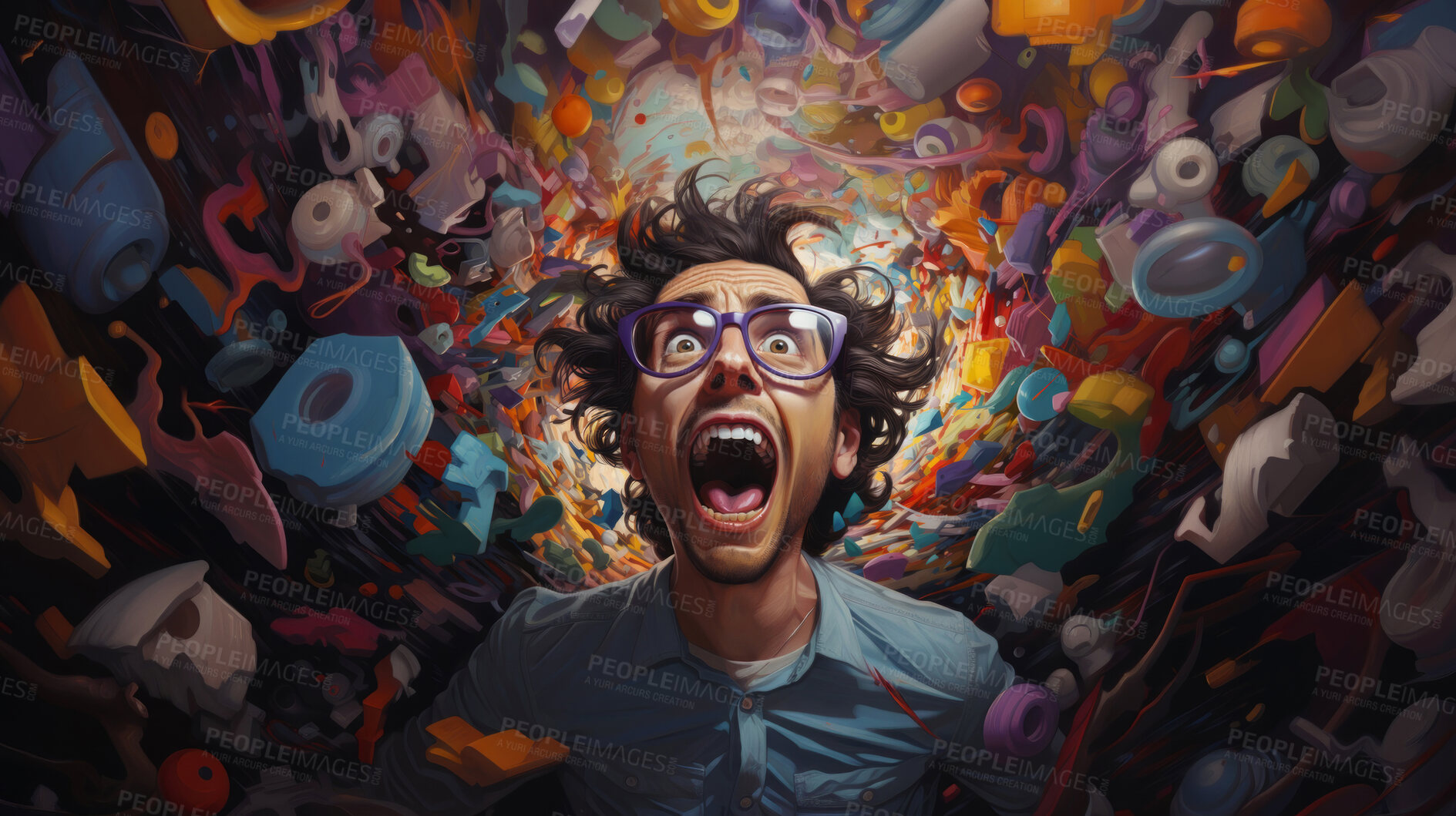 Buy stock photo Excited man, shouts, surrounded by colorful burst. Energetic, lively and joyful individual expressing happiness, with vibrant colors symbolizing enthusiasm and vivid energy.